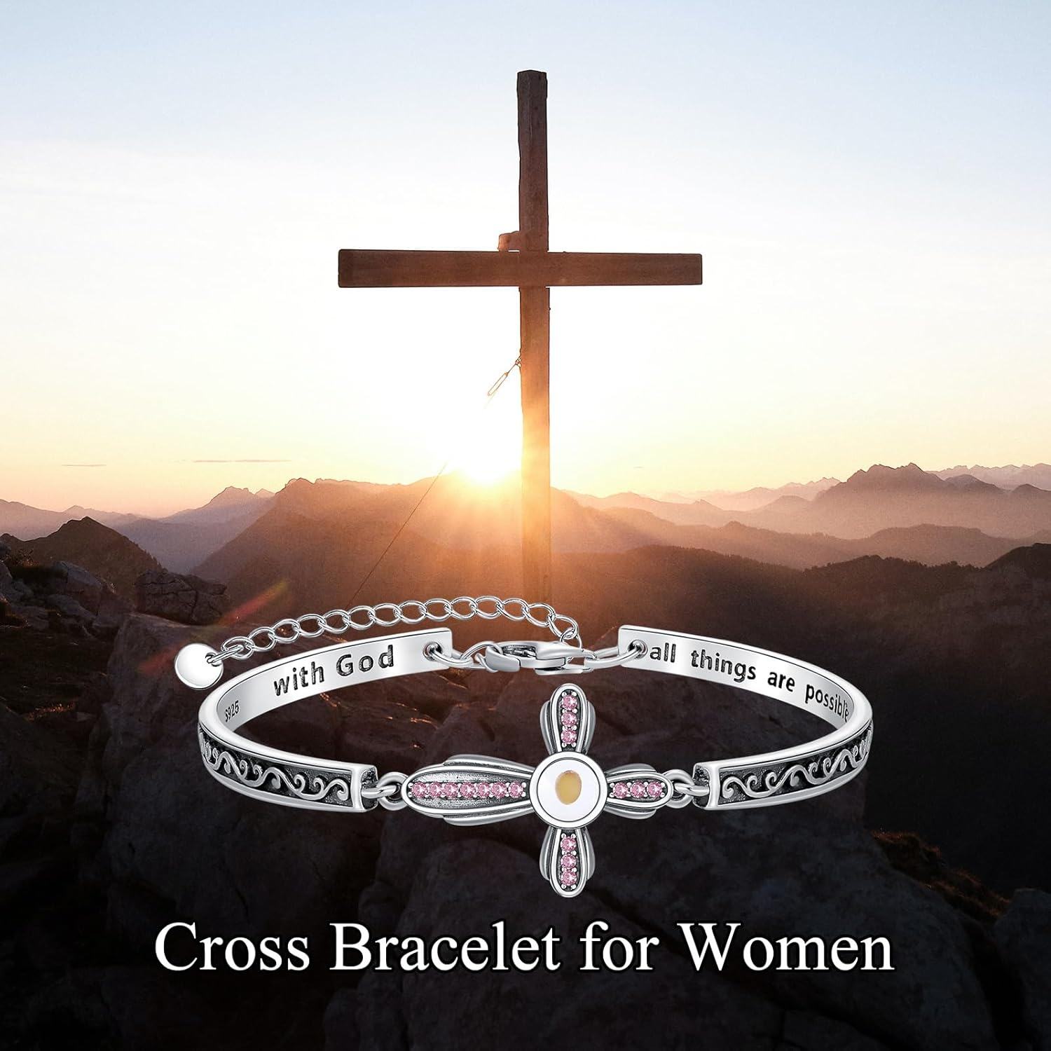 wholesale 925 Sterling Silver Mustard Seed Cross Bracelet with 12 Birthstones God All Things Possible Bangle Christian Jewelry Gift for Women-0-5