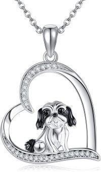 wholesale 925 Sterling Silver Heart Shaped Dog Pendant Necklace with Gemstone Accents Gift for Women-Shih Tzu