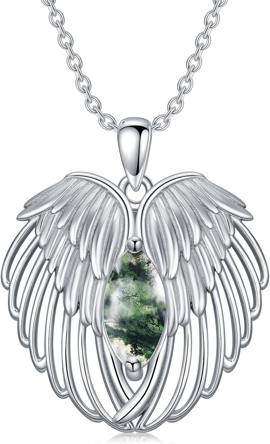 Sterling Silver Birthstone Angel Wings Necklace for Women -Moss Agate