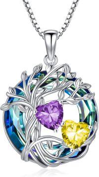 wholesale 18K White Gold Filled Sterling Silver Family Tree Pendant with 2 Heart Birthstones Blue Austrian Crystal Necklace for Women-02-11-Feb-Nov Birthstone