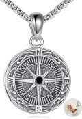 wholesale 925 Sterling Silver Compass Rose Locket Necklace with Black Stone and Picture Frame Charm for Men & Women-0-0