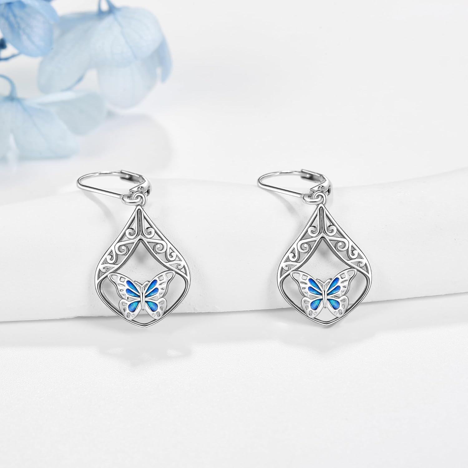 925 Sterling Silver Butterfly Filigree Teardrop Leverback Dangle Earrings for Women Girls Gifts Blue Enamel Drop Jewelry 4cm Long-0-2