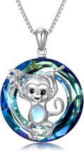 wholesale 925 Sterling Silver Monkey Crystal Pendant Necklace Blue Green Gemstone Jewelry for Women Girls Gift Boxed-0-0