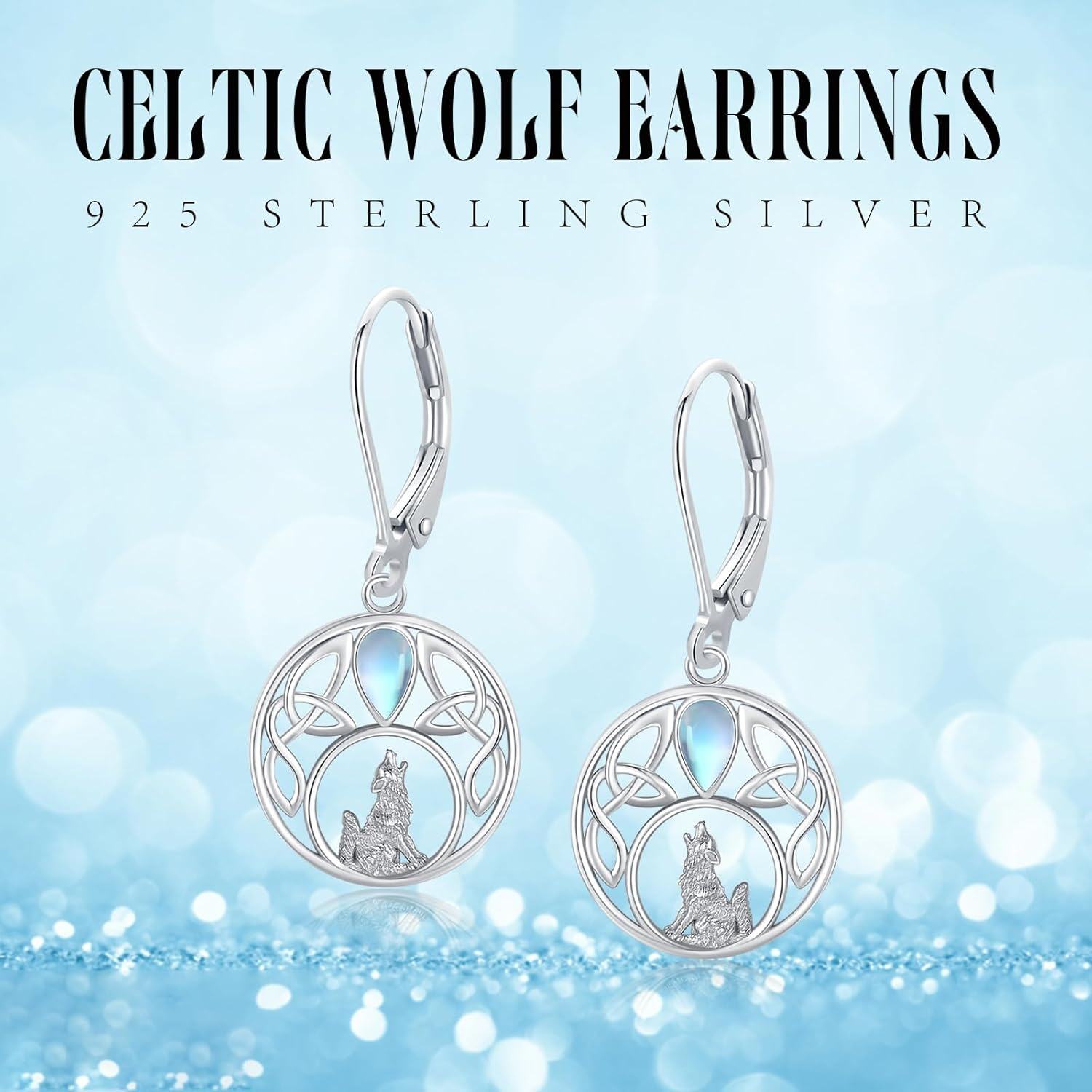 wholesale 925 Sterling Silver Moonstone Celtic Wolf Drop Earrings-0-5