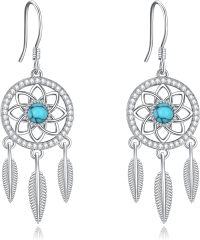 wholesale 925 Sterling Silver Turquoise Flower Feather Drop Earrings for Women-Dream Catcher