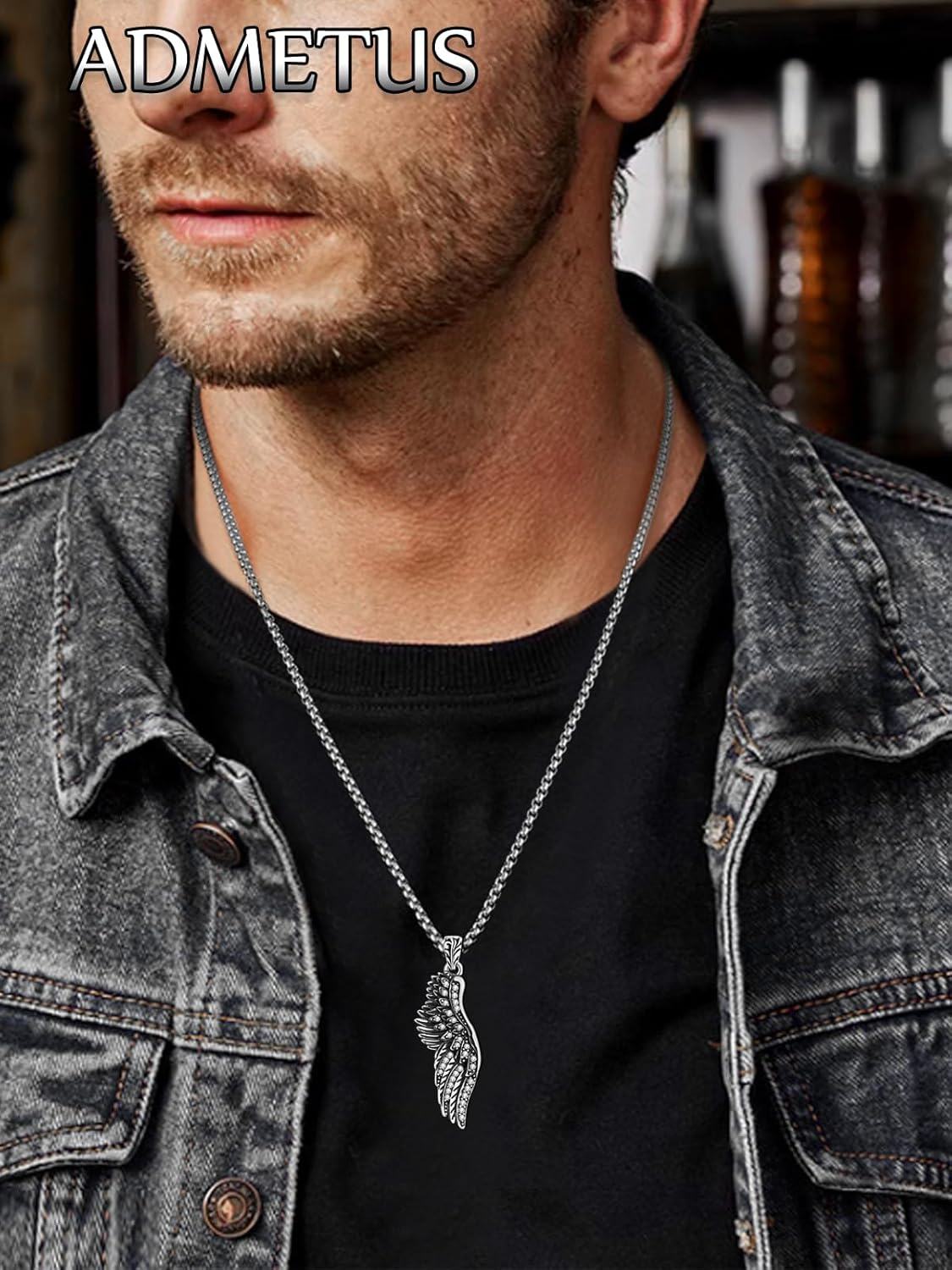 wholesale 925 Sterling Silver Angel Wing Pendant on Rolo Chain for Men - 24 Length-0-4