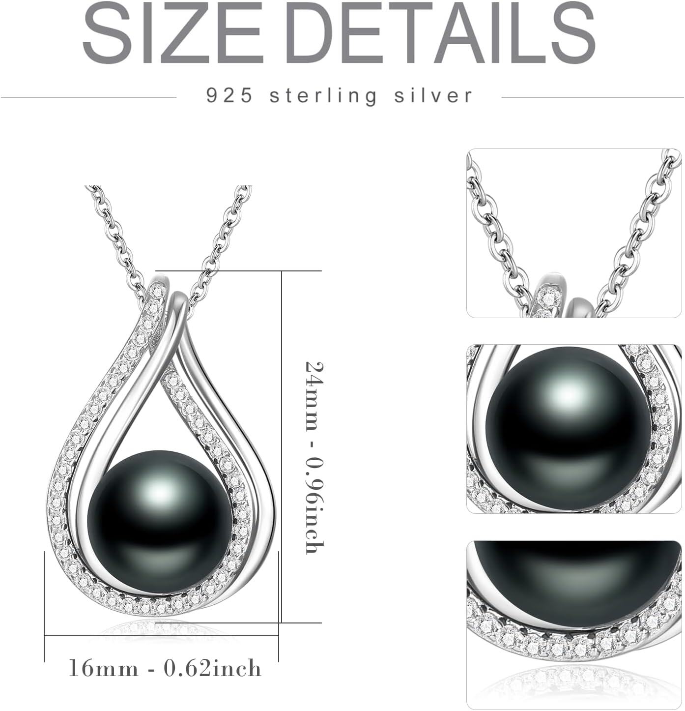 Sterling Silver Black Pearl Pendant Necklace Infinity Design 10mm 18 +2 Chain Gift for Valentine s Mother s Day-0-4