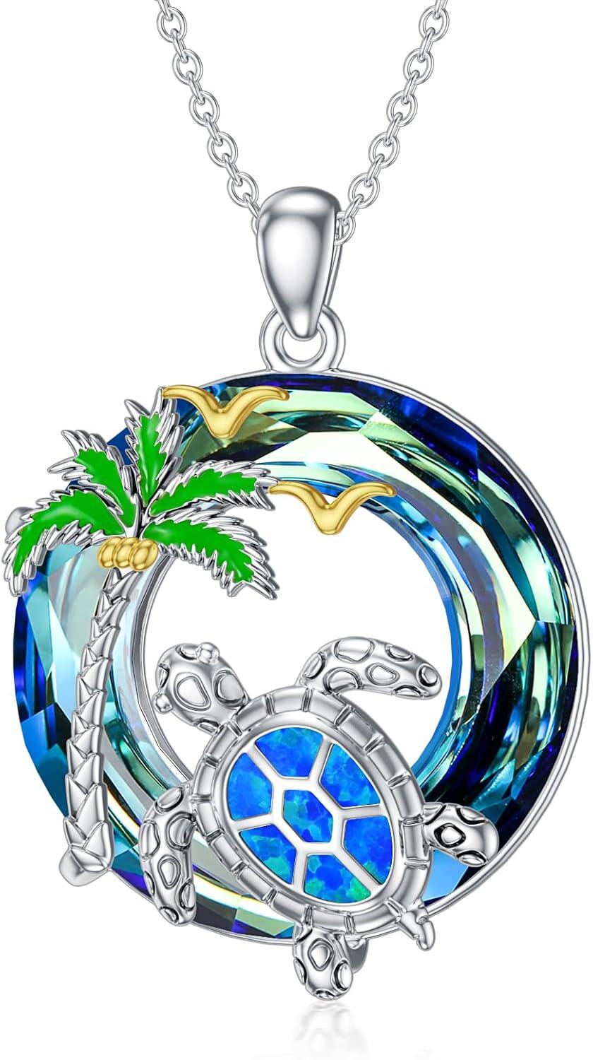 Sterling Silver Crystal Turtle Necklace for Women-Blue-3