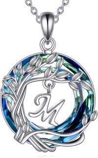 wholesale Sterling Silver Blue Crystal Tree of Life Initial Necklace-M