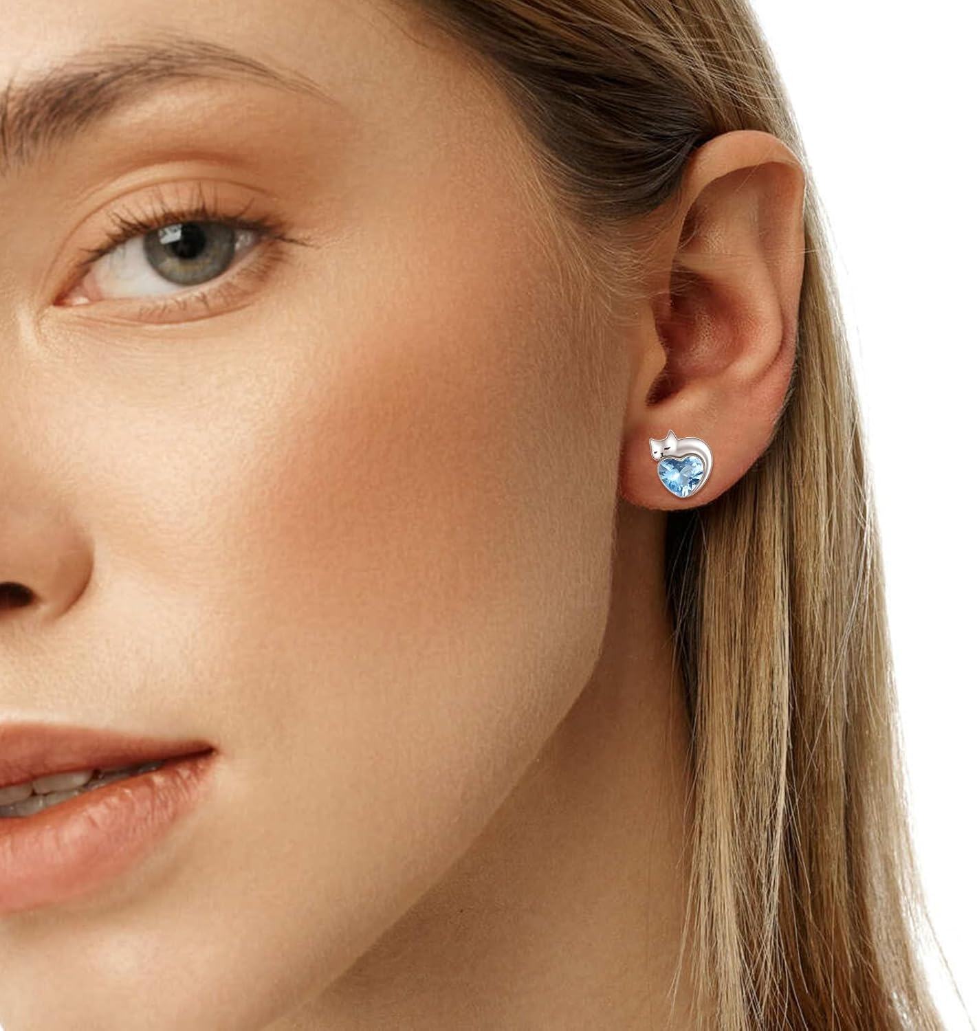 wholesale 925 Sterling Silver Birthstone Cat Stud Earrings Heart Jewelry for Women-0-1