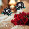 wholesale Gold 925 Sterling Silver Rose Stud Earrings with Cubic Zirconia and Green Leaves for Women's Gifts - Perfect for Birthdays & Holidays-0-10