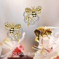wholesale 925 Sterling Silver Honeycomb & Bee Stud Earrings - Gold Plated with Cubic Zirconia Accents-0-5