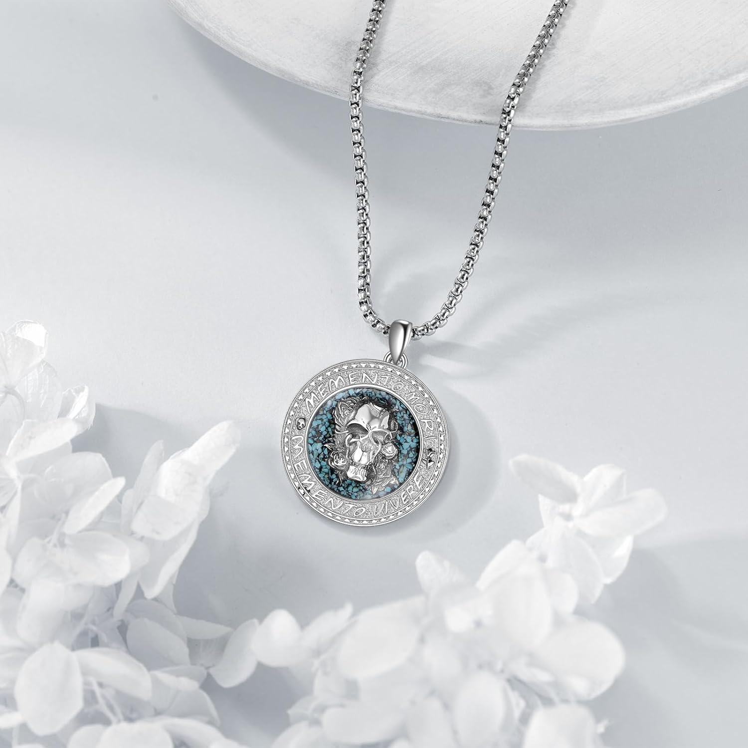 wholesale 925 Sterling Silver Turquoise Stone Inlay Skull Pendant Memento Mori Gothic Necklace for Men & Women-0-3