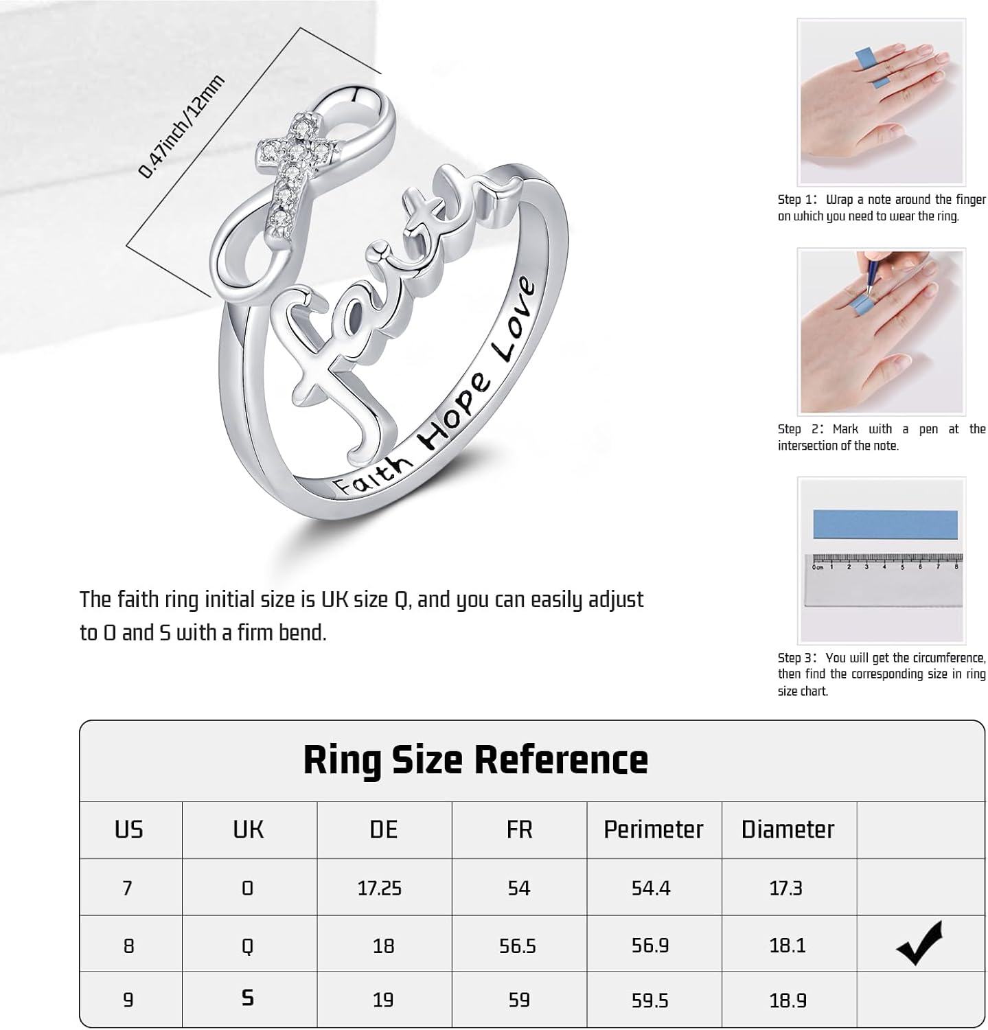 Sterling Silver Faith Ring Adjustable Open Christian Jewelry Gift for Women-0-1