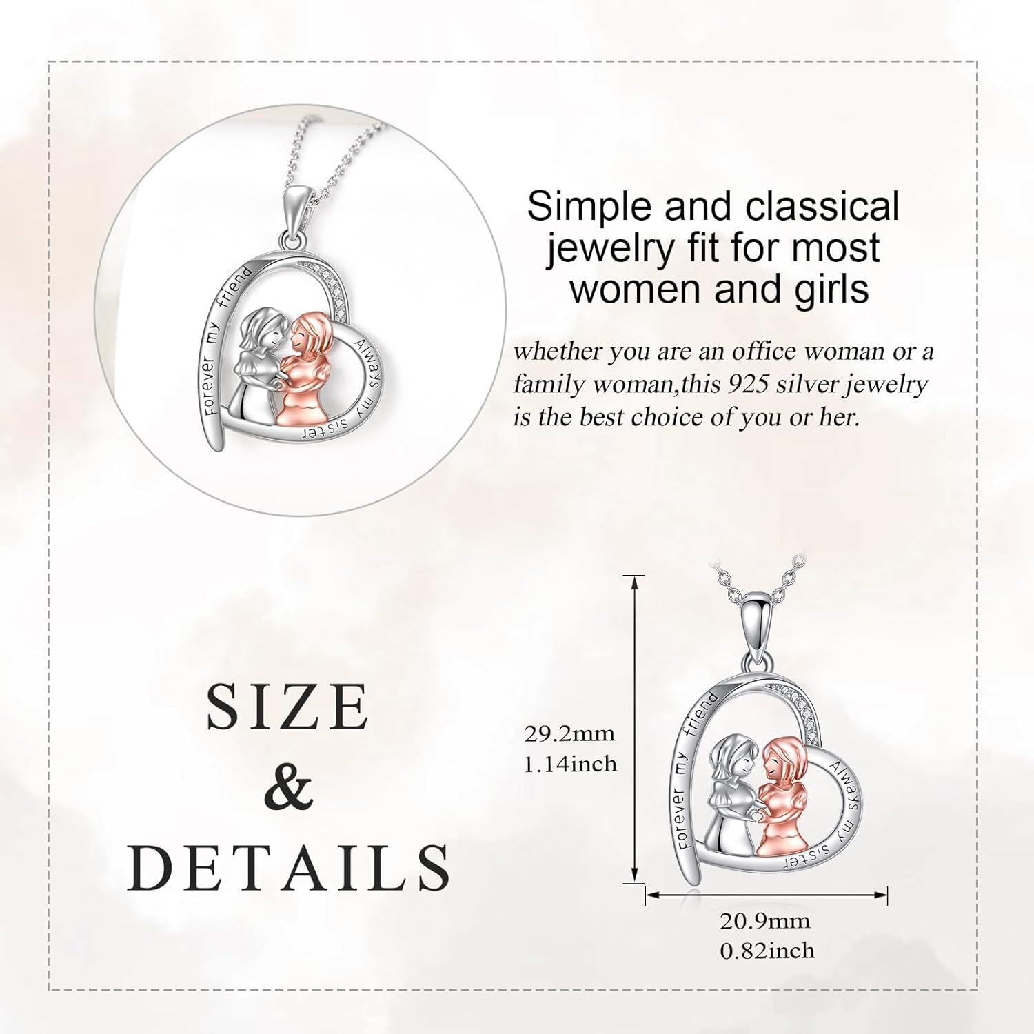 Sterling Silver Heart Pendant Necklace Sister Gift for Women Girls-0-3