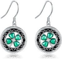 wholesale 925 Sterling Silver Clover Leaf Drop Earrings with Green Enamel and CZ Stones for Women-Shamrock Ohrringe