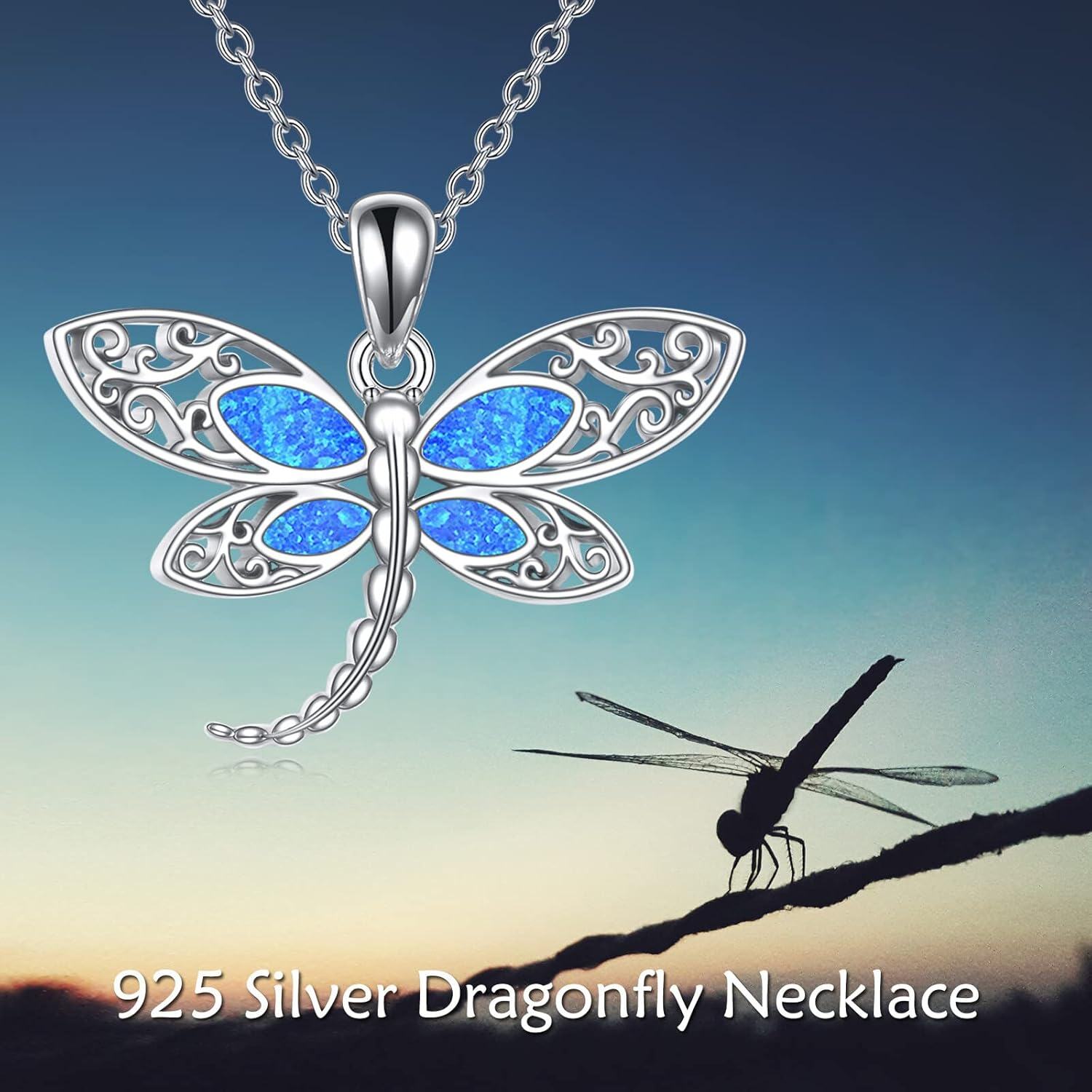 Sterling Silver Turquoise Moonstone Dragonfly Pendant Necklace for Women Mom-0-4