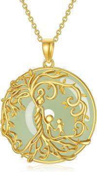 wholesale 14K Gold Sterling Silver Jade Tree of Life Necklace for Women-2B-Mother 2 Children-Gold-Jade-2B-Mother 2 Children-Gold-Jade