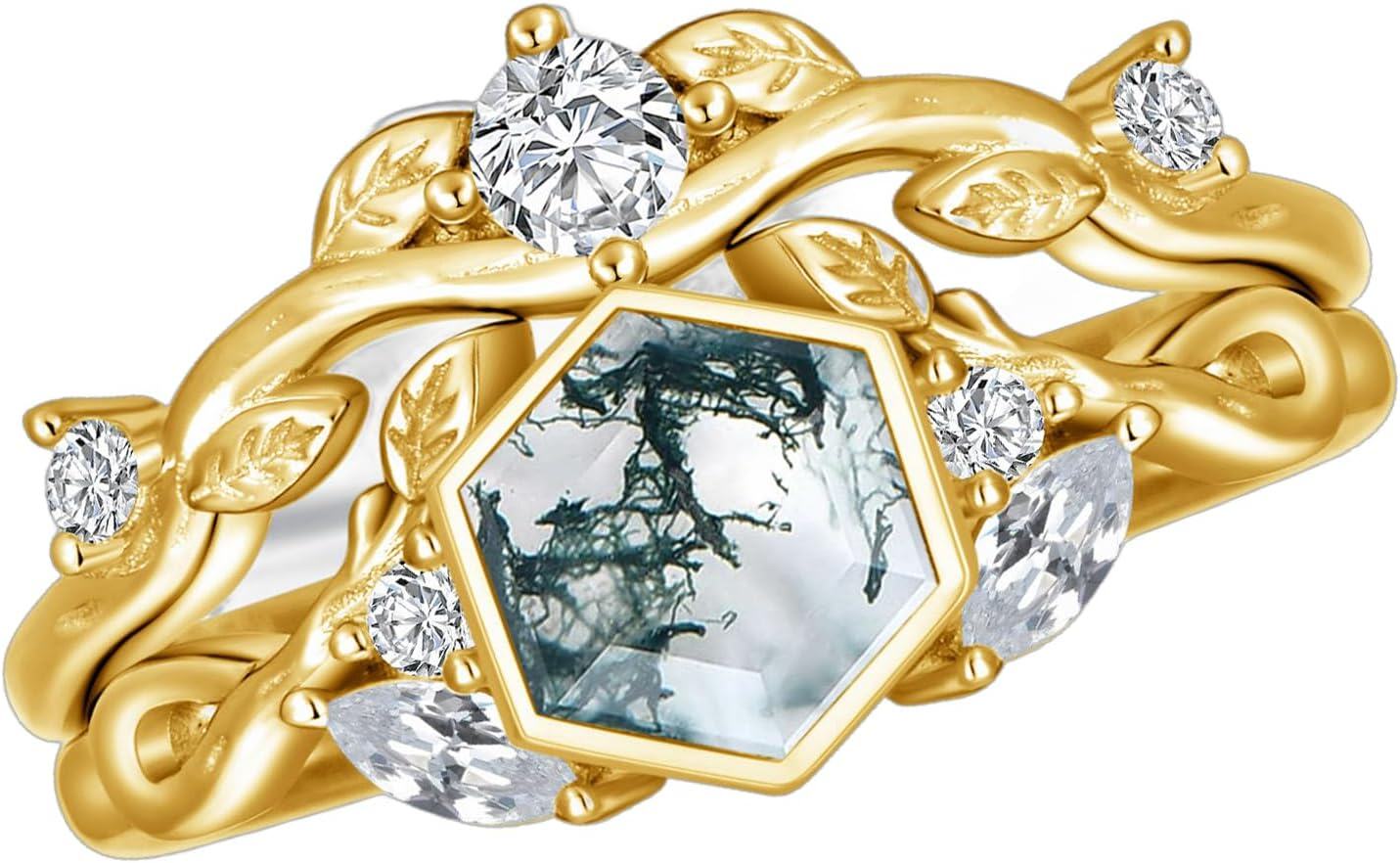 Sterling Silver Moss Agate Leaf Rings Set 1ct Green Moss Agate Engagement Anniversary Rings for Women-9 Yellow gold # 3