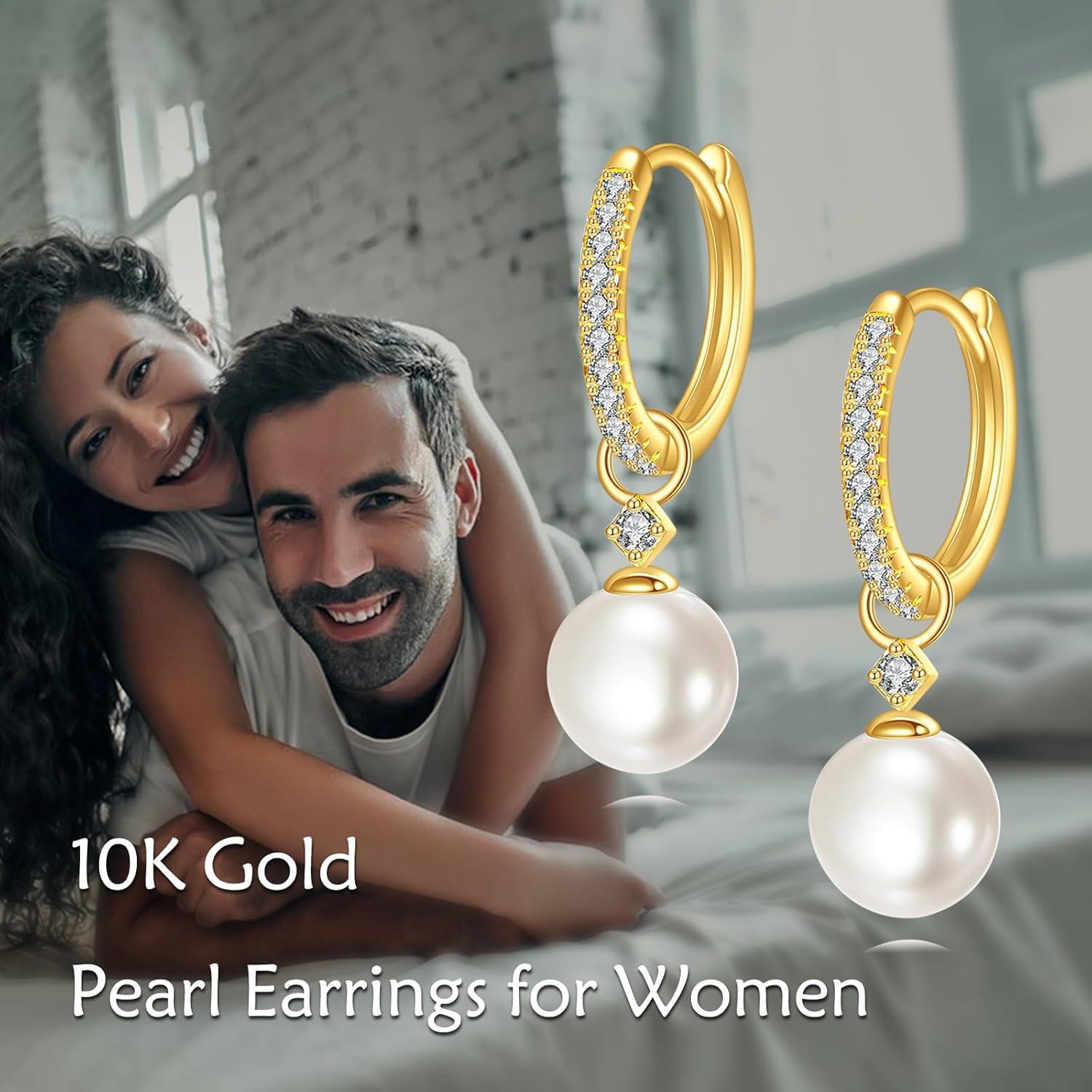 Gold Zircon Pearl Huggie Earrings for Women Solid Jewelry Gifts-0-4