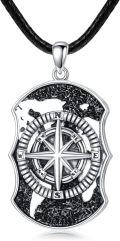 wholesale 925 Sterling Silver Black Stone Evil Eye Yin Yang Compass Dog Tag Pendant Necklace with 24 Leather Cord-0-0
