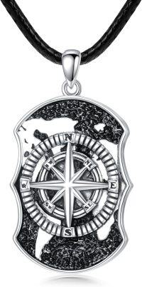 wholesale 925 Sterling Silver Black Stone Evil Eye Yin Yang Compass Dog Tag Pendant Necklace with 24 Leather Cord-E World Compass