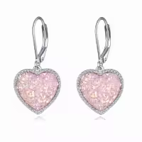 wholesale 925 Sterling Silver Metal Drusy Crystal Heart Dangle Earrings Wholesale (Pink/Blue/Purple) Leverback Drop s for Women-Pink Drusy