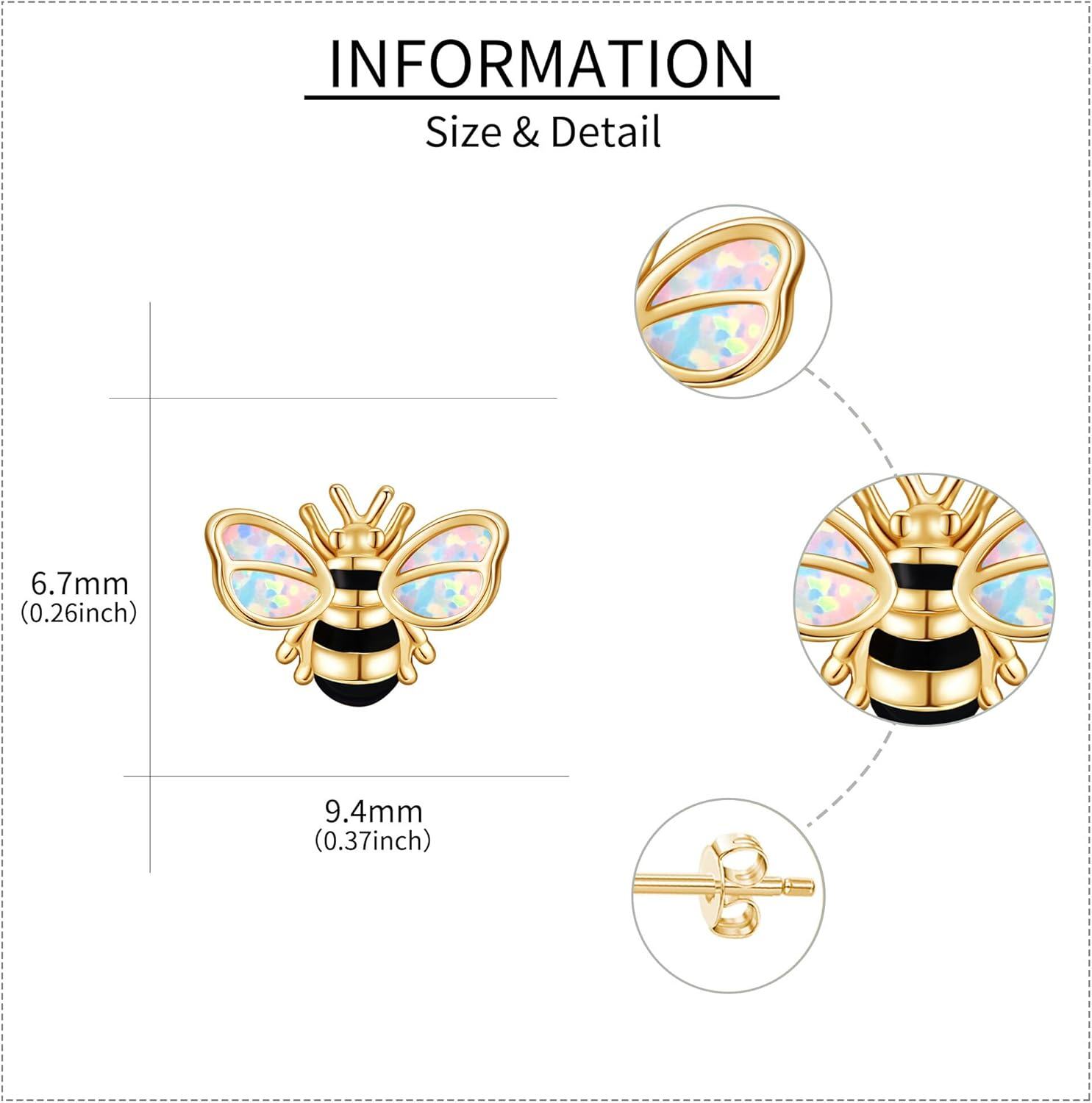 wholesale 18K Gold Opal Butterfly Black and White Striped Honeybee Stud Earrings-0-4