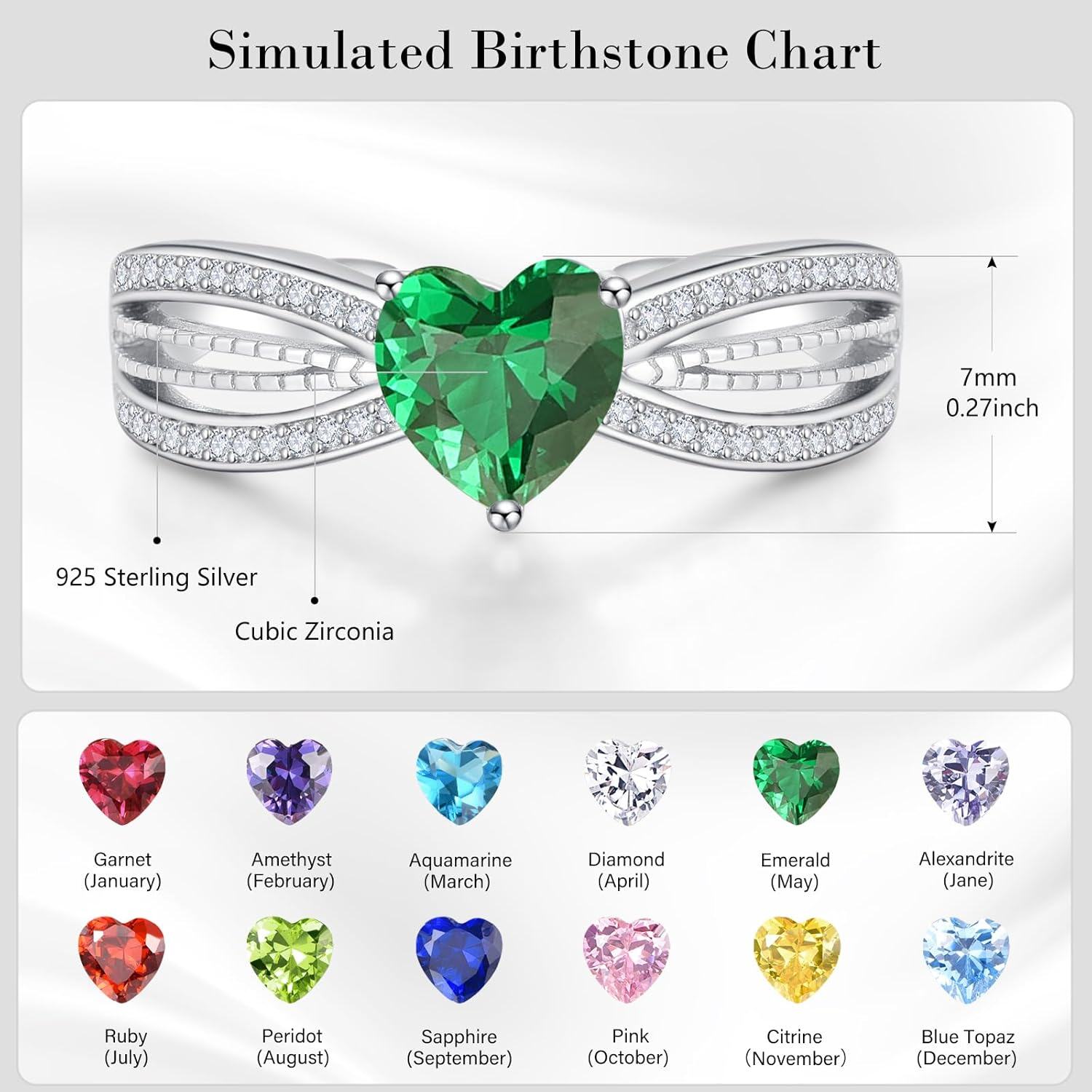 Sterling Silver CZ Heart Rings Adjustable Birthstone Jewelry Gift for Women Mom-0-4
