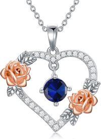 wholesale 925 Sterling Silver Blue Sapphire Rose Flower Heart Pendant Necklaces for Women Valentines Gifts for Wife Girlfriend Mom-9-September