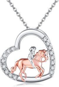 wholesale 925 Sterling Silver Rose Gold Plated Horse & Rider in Heart Shape Pendant Necklace with Cubic Zirconia Stones-Horse