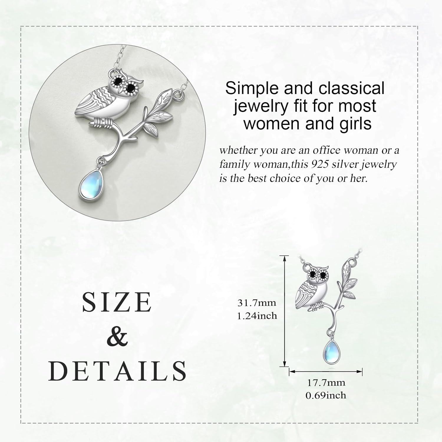 925 Sterling Silver Owl Teardrop Pendant Necklace with Moonstone and Branch Charm-0-2
