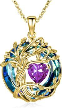 wholesale White Gold Yellow Gold Plated Sterling Silver Austrian Crystal Celtic Tree of Life Necklace-02-Feb-Amethyst 18K Gold-Blue Crystal