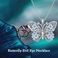wholesale 925 Sterling Silver Butterfly Evil Eye Necklace with Blue Crystals and Filigree Design-0-1