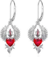 wholesale 925 Sterling Silver Red Heart Angel Wing Drop Earrings for Women Girls  4cm Long-Phoenix Earrings1