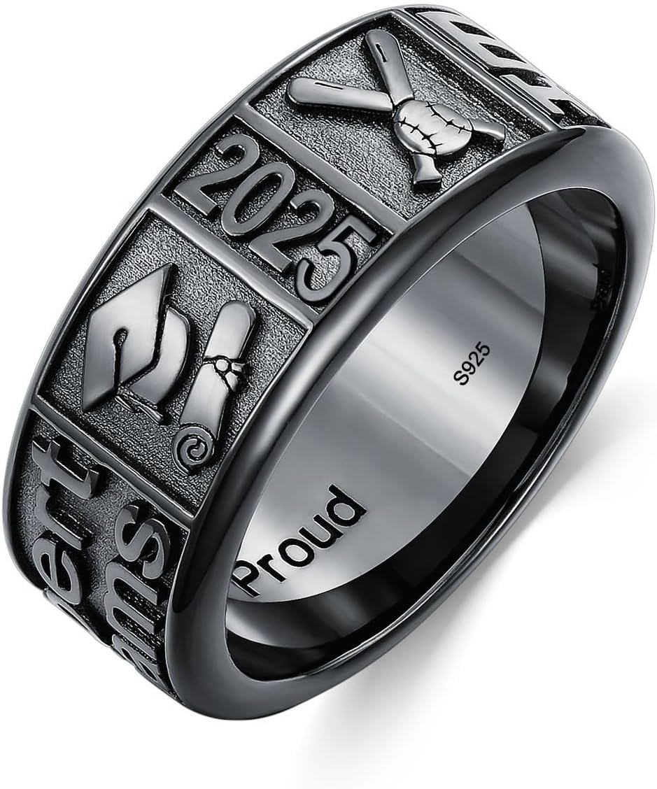 Sterling Silver Birthstone Men s Customizable Band Class Ring High School College Graduation Jewelry Gift 1 2 3 Pattern -Width-9.5mm\/ No Gems\/ Three Pattern # 3