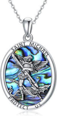 wholesale 925 Sterling Silver St. Michael Pendant with Abalone Shell and Dragon Design on Oval Shape Medallion - Protect Us Charm Necklace (22+2)-Saint Michael-2