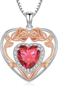 wholesale 925 Sterling Silver Birthstone Heart Rose Pendant Necklace for Her-7-Jul-Ruby