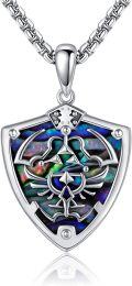wholesale 925 Sterling Silver Legend of Zelda Triforce Shield Pendant Necklace with Abalone Shell Inlay-0-0