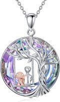 wholesale 925 Sterling Silver Purple Crystal Tree of Life Pendant Necklace with Swing Charm for Sisters and Brothers Gifts-0-1
