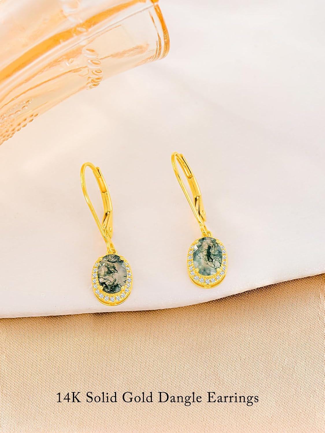 14K Gold Moss Agate Moissanite Leverback Drop Dangle Earrings for Women-0-5