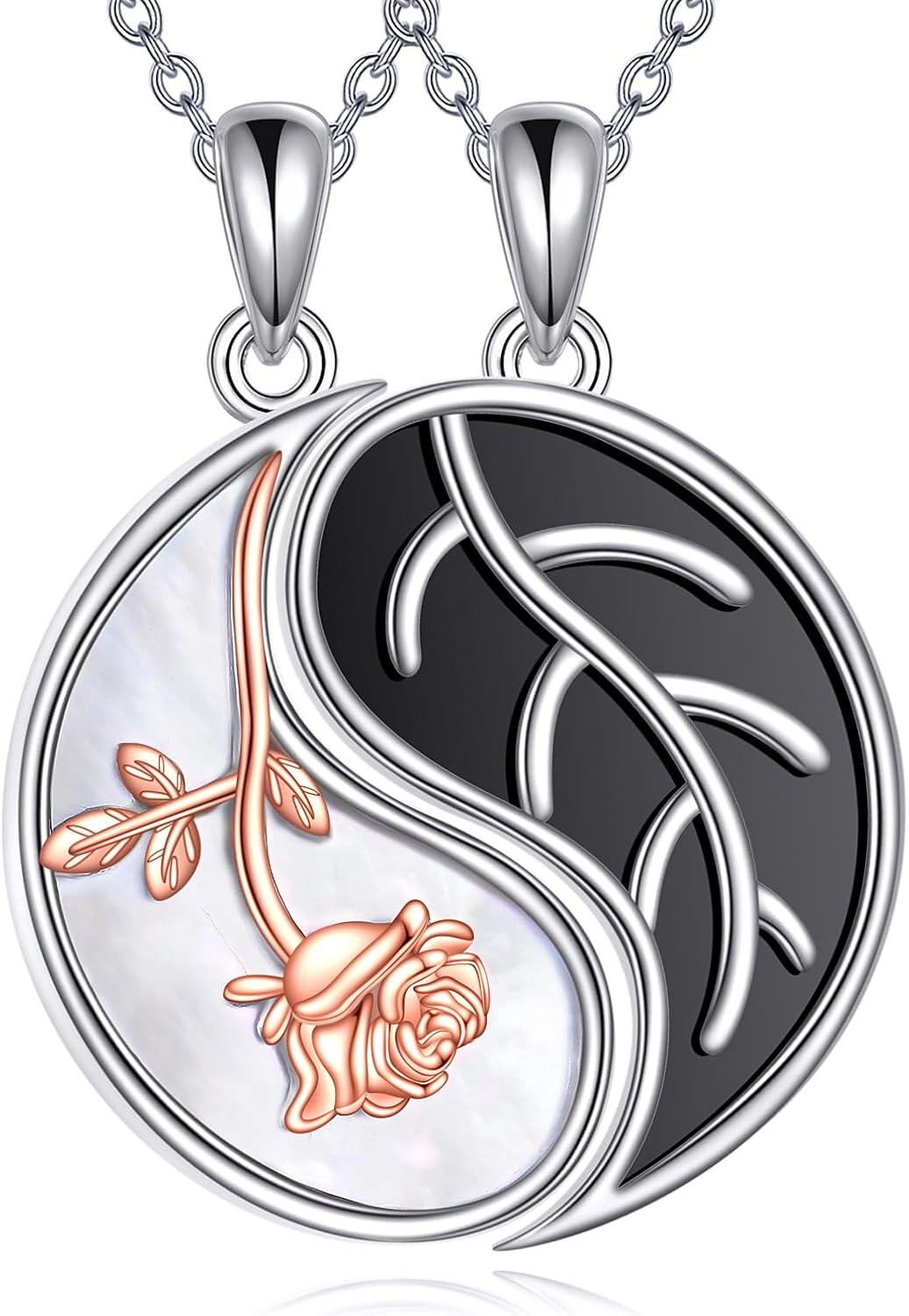 Sterling Silver Couples BFF Necklace w Cross Yin Yang Sun Moon Mountain Wave Pendant-Yin Yang
