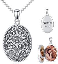 wholesale 925 Sterling Silver Custom Photo Engraved Oval Sunflower Locket Pendant Necklace for Women-C Sunflower Oval Locket