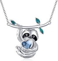 wholesale 925 Sterling Silver Sloth Pendant Necklace with Blue Heart Cute Animal  for Women Men-Sloth