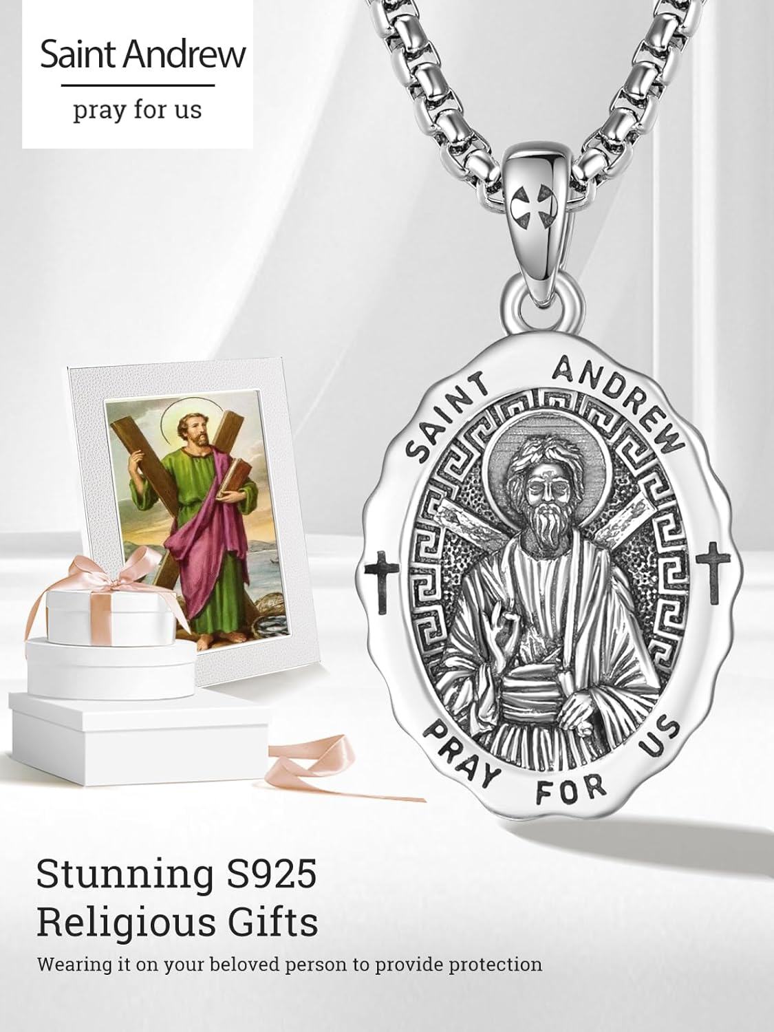 Sterling Silver Catholic Pendant Necklaces w 2 0mm Chain Patron Saint Medals Pray for Us Christian Jewelry Gifts-0-5