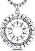 wholesale 925 Sterling Silver Compass Pendant Necklace  for Men - Norse Viking Jewelry with Rune Symbols and Sun Design-0-0