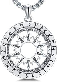 wholesale 925 Sterling Silver Compass Pendant Necklace  for Men - Norse Viking Jewelry with Rune Symbols and Sun Design-C02-Viking Rune