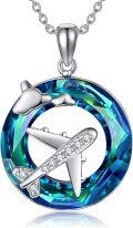 wholesale 925 Sterling Silver Blue Crystal Circle Plane Pendant Necklace for Women-0-0