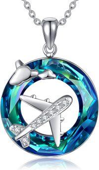 wholesale 925 Sterling Silver Blue Crystal Circle Plane Pendant Necklace for Women-Airplane Necklace