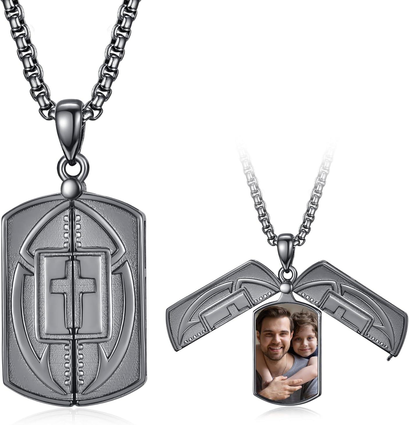 Sterling Silver Black Locket Necklace for Men Cross Pendant Jewelry Gift-Rugby